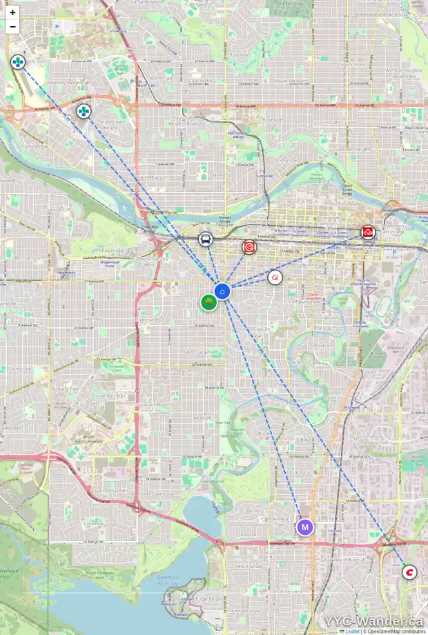Daily accessibility map for 1447 19 AV SW, Calgary showing nearby schools, grocery stores, parks, LRT stations and nearby amenities