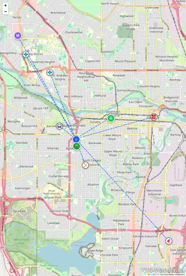 Daily accessibility map for 2000 22 ST SW, Calgary showing nearby schools, grocery stores, parks, LRT stations and nearby amenities