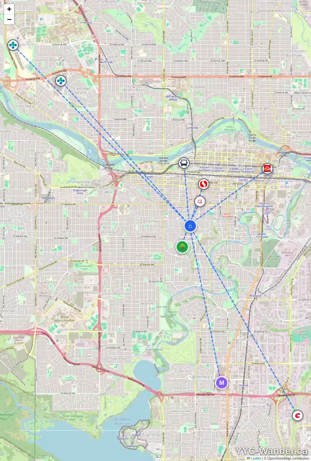 Daily accessibility map for 1027 SYDENHAM RD SW, Calgary showing nearby schools, grocery stores, parks, LRT stations and nearby amenities