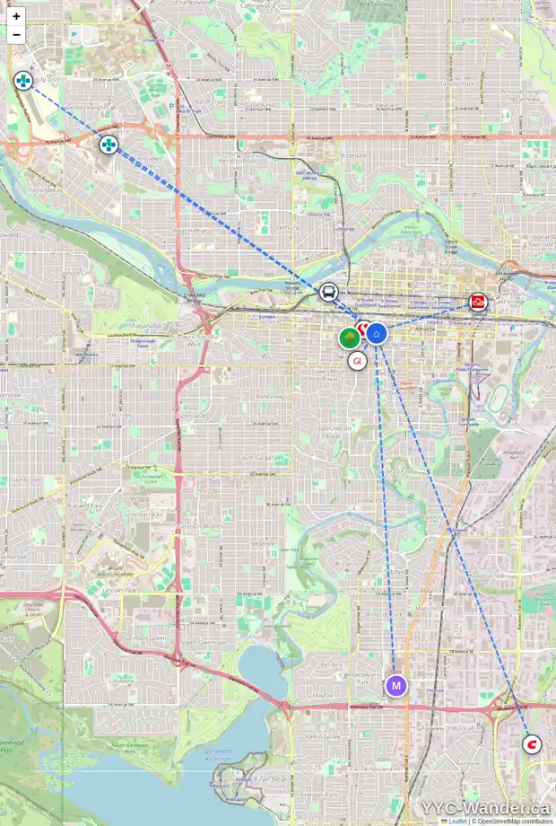 Daily accessibility map for 608 718 12 AV SW, Calgary showing nearby schools, grocery stores, parks, LRT stations and nearby amenities