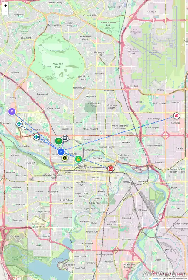 Daily accessibility map for 2039 5 AV NW, Calgary showing nearby schools, grocery stores, parks, LRT stations and nearby amenities