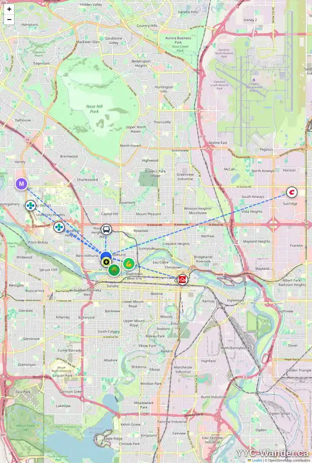 Daily accessibility map for 1930 2 AV NW, Calgary showing nearby schools, grocery stores, parks, LRT stations and nearby amenities