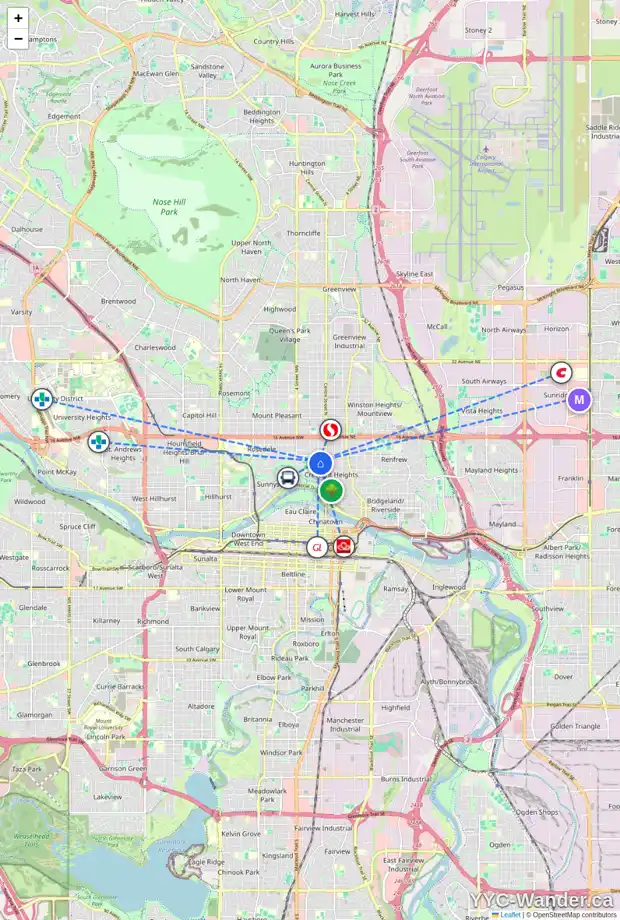 Daily accessibility map for 135 11 AV NW, Calgary showing nearby schools, grocery stores, parks, LRT stations and nearby amenities