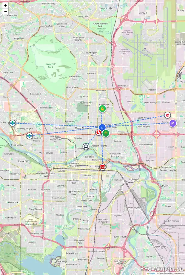 Daily accessibility map for 232 21 AV NE, Calgary showing nearby schools, grocery stores, parks, LRT stations and nearby amenities