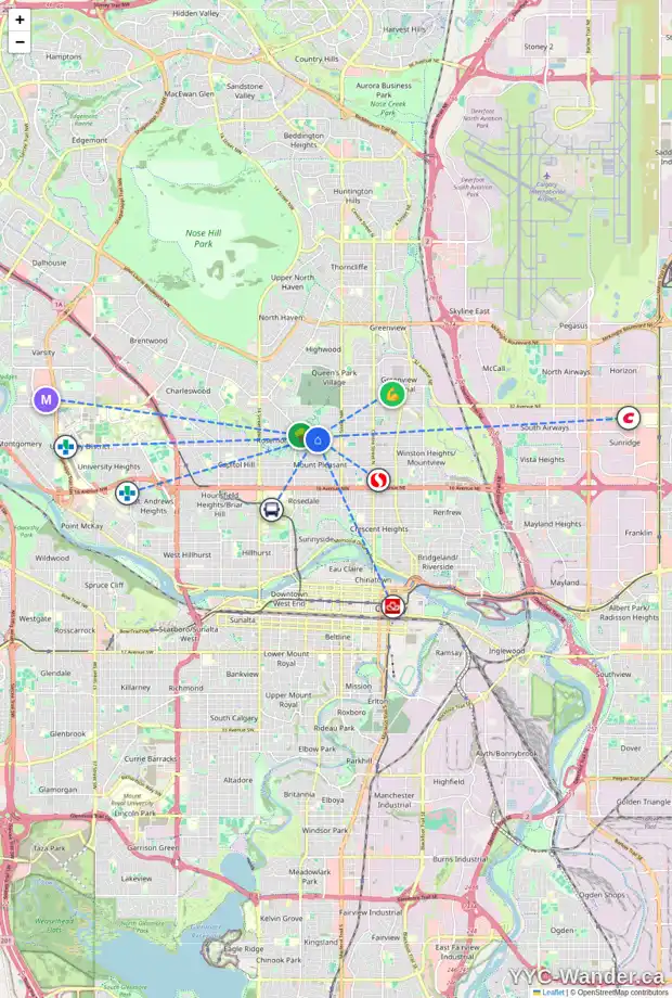Daily accessibility map for 723 26 AV NW, Calgary showing nearby schools, grocery stores, parks, LRT stations and nearby amenities