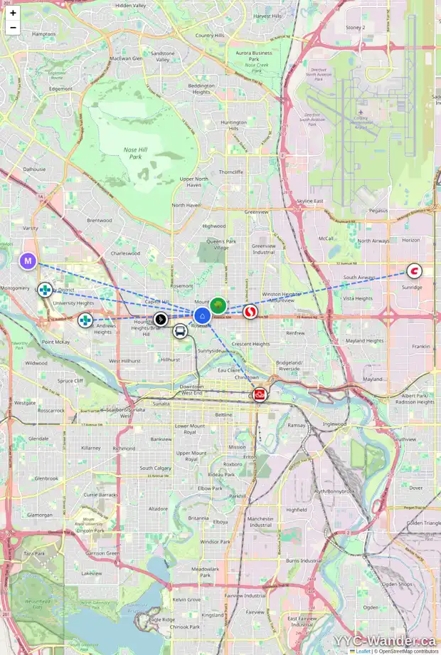 Daily accessibility map for 913 17 AV NW, Calgary showing nearby schools, grocery stores, parks, LRT stations and nearby amenities