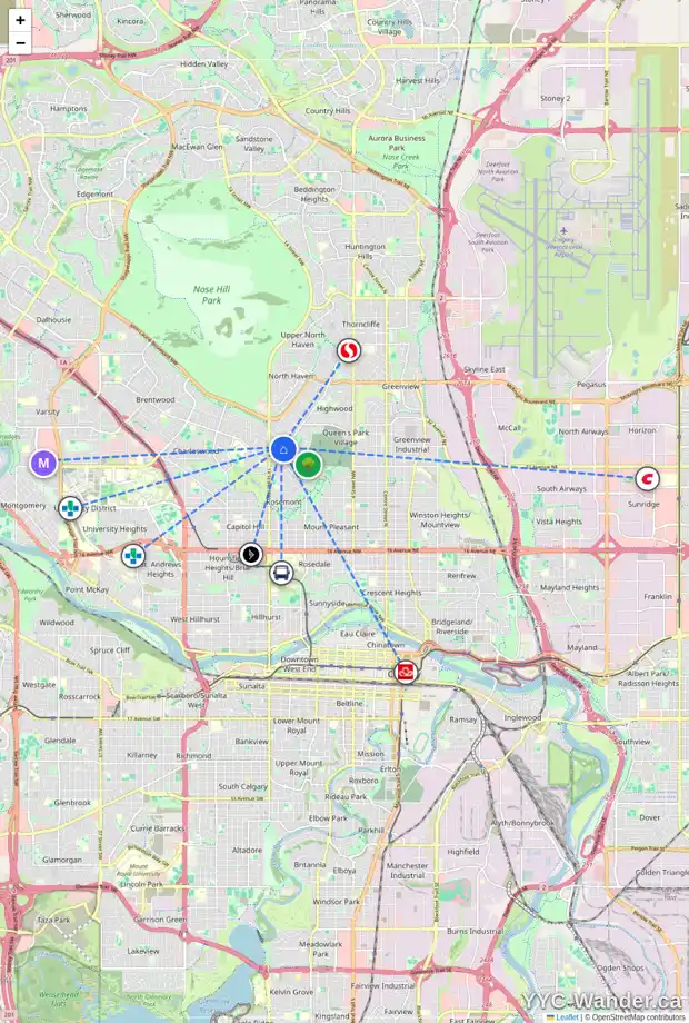Daily accessibility map for 13 CADOGAN RD NW, Calgary showing nearby schools, grocery stores, parks, LRT stations and nearby amenities