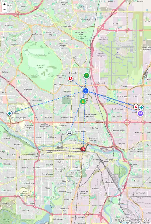 Daily accessibility map for 4423 3 ST NE, Calgary showing nearby schools, grocery stores, parks, LRT stations and nearby amenities