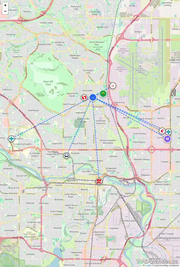 Daily accessibility map for 5619 BUCKTHORN RD NW, Calgary showing nearby schools, grocery stores, parks, LRT stations and nearby amenities