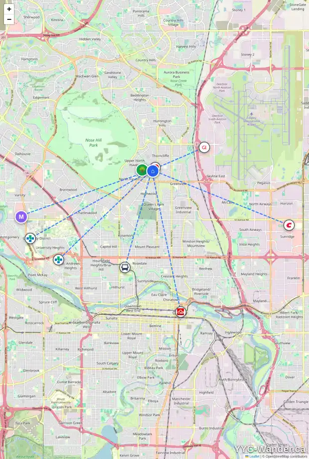Daily accessibility map for 628 TRAFFORD DR NW, Calgary showing nearby schools, grocery stores, parks, LRT stations and nearby amenities