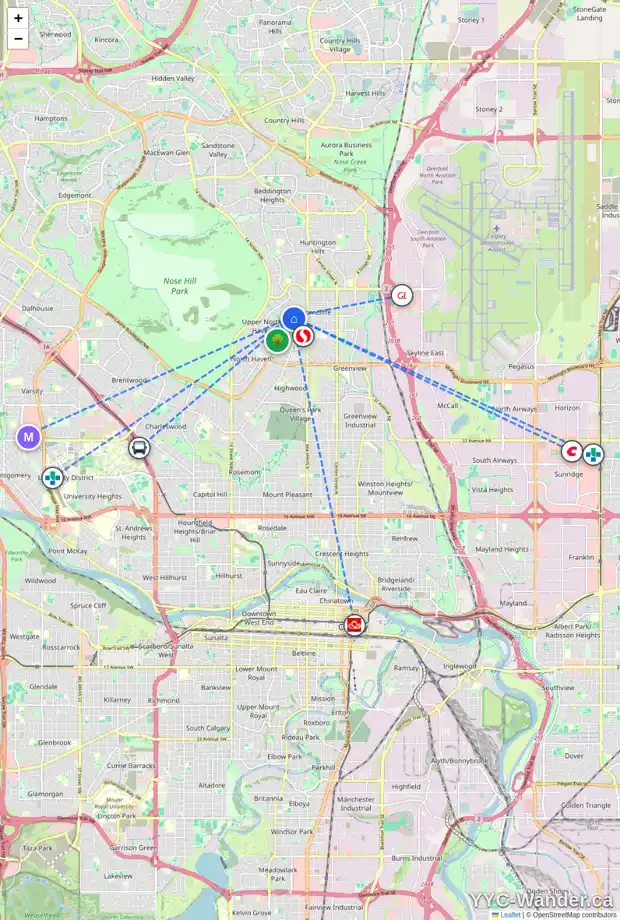 Daily accessibility map for 932 THORNEYCROFT DR NW, Calgary showing nearby schools, grocery stores, parks, LRT stations and nearby amenities
