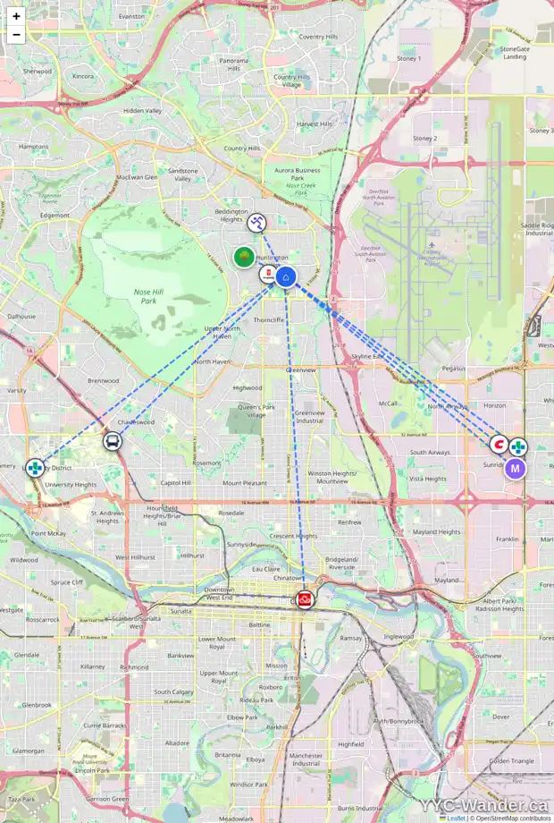Daily accessibility map for 7015 HUNTRIDGE HL NE, Calgary showing nearby schools, grocery stores, parks, LRT stations and nearby amenities