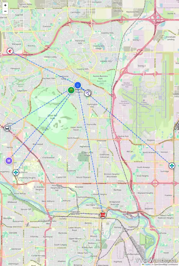 Daily accessibility map for 360 BERMUDA DR NW, Calgary showing nearby schools, grocery stores, parks, LRT stations and nearby amenities