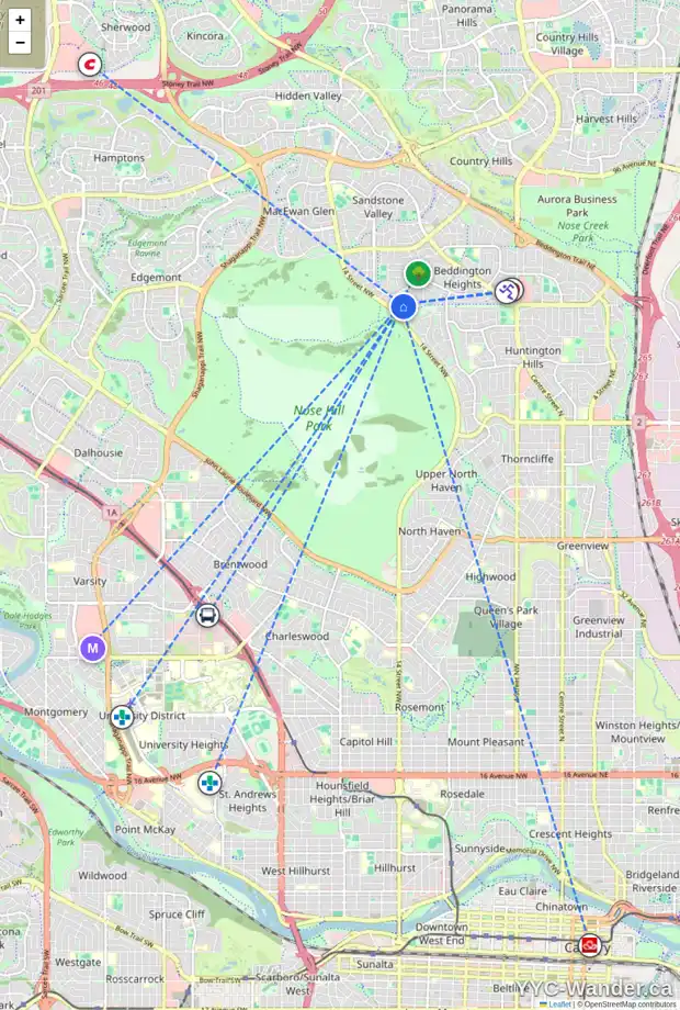 Daily accessibility map for 8103 13 ST NW, Calgary showing nearby schools, grocery stores, parks, LRT stations and nearby amenities