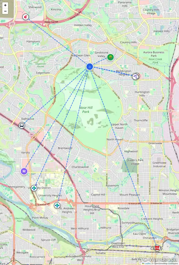 Daily accessibility map for 28 MACEWAN GLEN DR NW, Calgary showing nearby schools, grocery stores, parks, LRT stations and nearby amenities