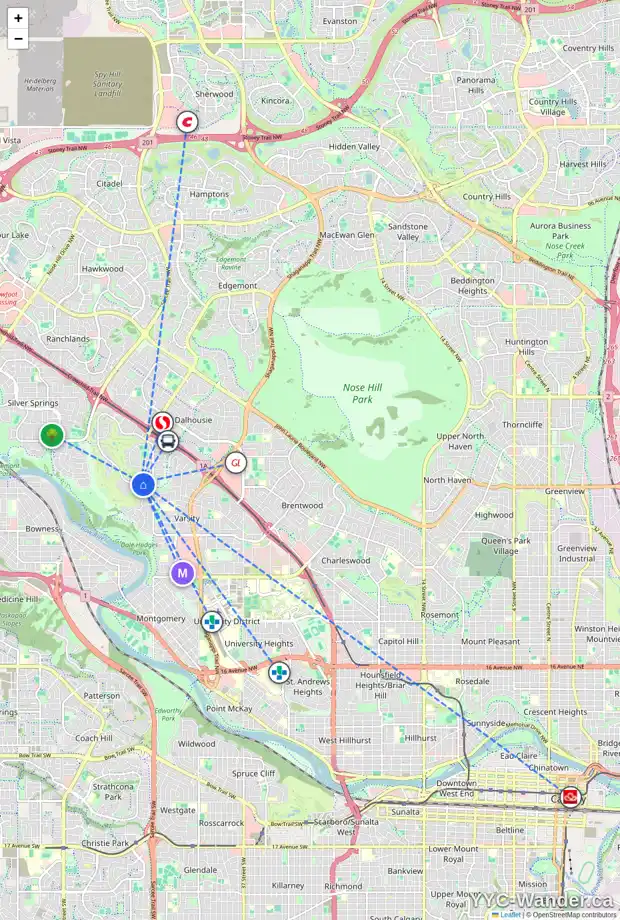 Daily accessibility map for 1920 VARSITY ESTATES DR NW, Calgary showing nearby schools, grocery stores, parks, LRT stations and nearby amenities