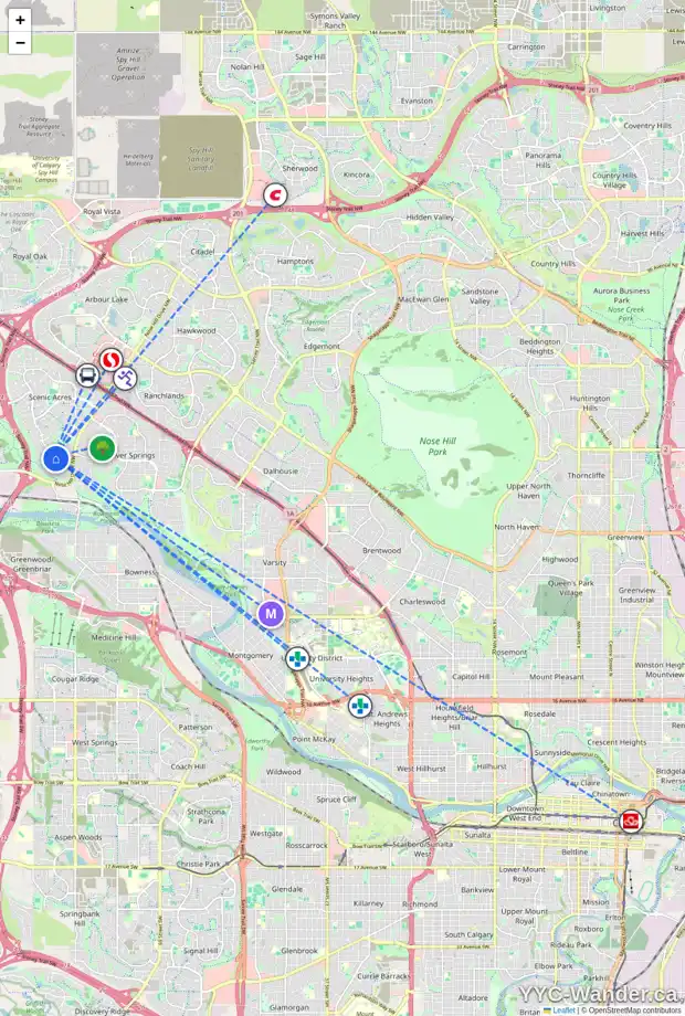 Daily accessibility map for 68 SCENIC RIDGE CR NW, Calgary showing nearby schools, grocery stores, parks, LRT stations and nearby amenities