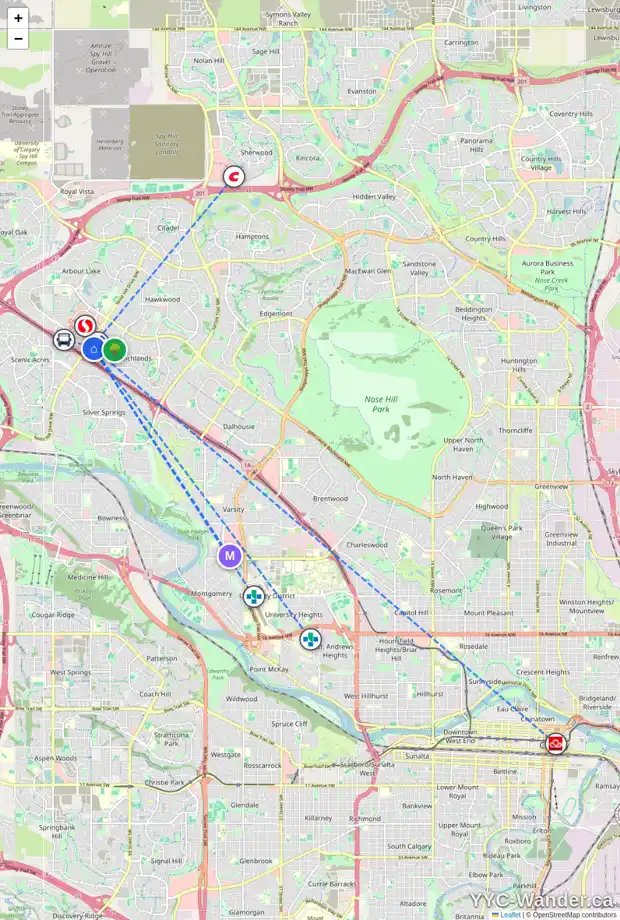 Daily accessibility map for 120 RANCHLANDS CR NW, Calgary showing nearby schools, grocery stores, parks, LRT stations and nearby amenities