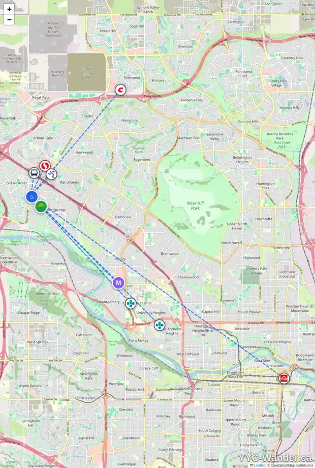 Daily accessibility map for 44 SCENIC WY NW, Calgary showing nearby schools, grocery stores, parks, LRT stations and nearby amenities