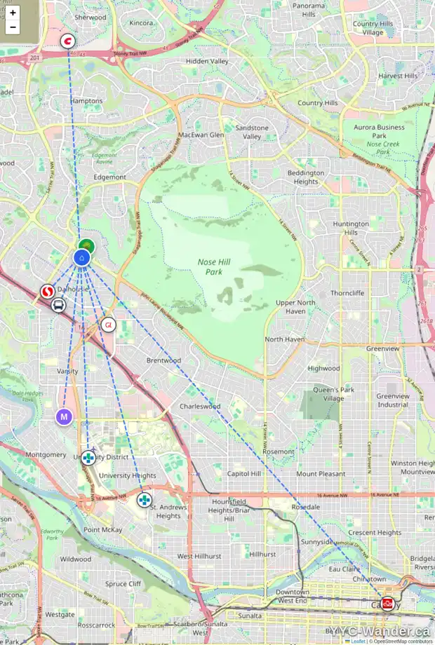 Daily accessibility map for 147 DALHURST WY NW, Calgary showing nearby schools, grocery stores, parks, LRT stations and nearby amenities