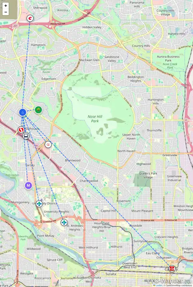 Daily accessibility map for 5507 DALHART HL NW, Calgary showing nearby schools, grocery stores, parks, LRT stations and nearby amenities