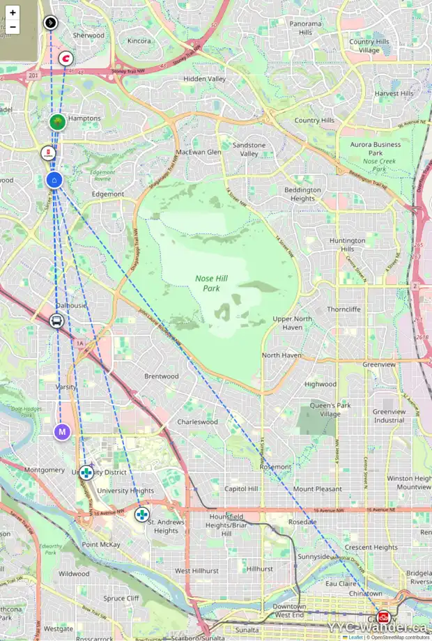Daily accessibility map for 147 EDGELAND RI NW, Calgary showing nearby schools, grocery stores, parks, LRT stations and nearby amenities