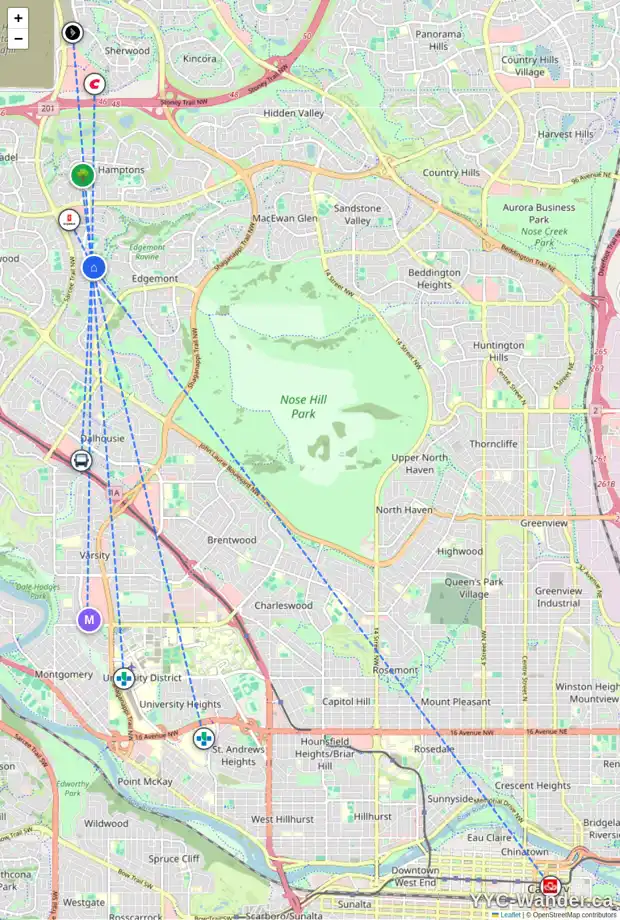Daily accessibility map for 39 EDGEPARK CR NW, Calgary showing nearby schools, grocery stores, parks, LRT stations and nearby amenities