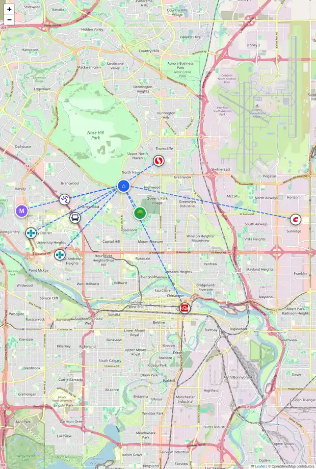 Daily accessibility map for 4504 14 ST NW, Calgary showing nearby schools, grocery stores, parks, LRT stations and nearby amenities