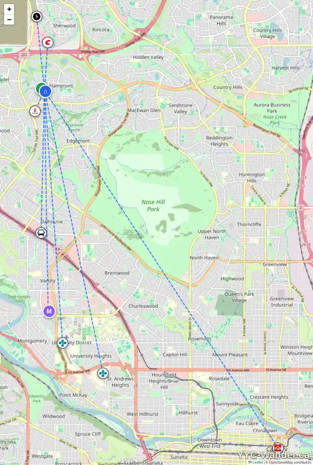 Daily accessibility map for 130 HAMPTONS GV NW, Calgary showing nearby schools, grocery stores, parks, LRT stations and nearby amenities