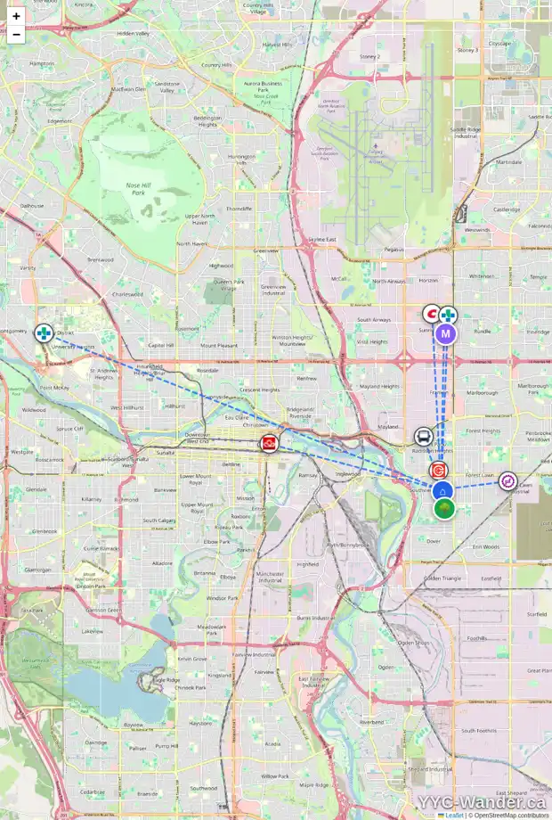 Daily accessibility map for 2014 33 ST SE, Calgary showing nearby schools, grocery stores, parks, LRT stations and nearby amenities