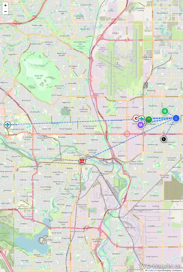 Daily accessibility map for 150 PINEMEADOW RD NE, Calgary showing nearby schools, grocery stores, parks, LRT stations and nearby amenities