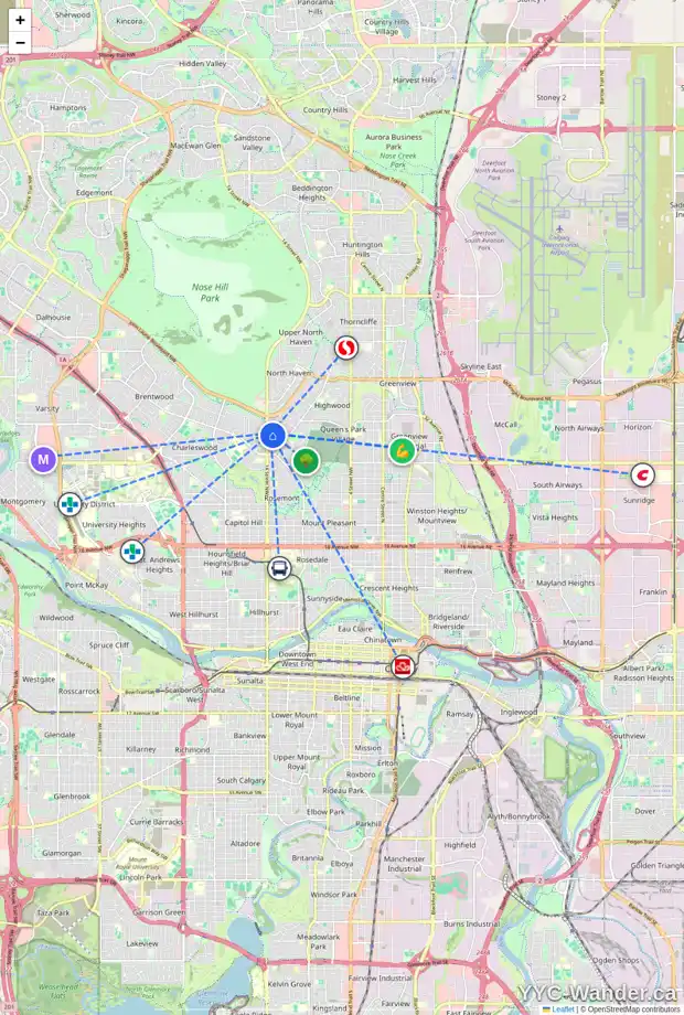Daily accessibility map for 79 CONNAUGHT DR NW, Calgary showing nearby schools, grocery stores, parks, LRT stations and nearby amenities