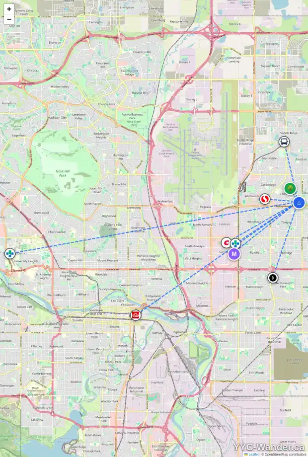 Daily accessibility map for 247 FALWOOD WY NE, Calgary showing nearby schools, grocery stores, parks, LRT stations and nearby amenities