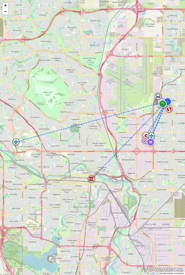 Daily accessibility map for 43 CASTLEBROOK CO NE, Calgary showing nearby schools, grocery stores, parks, LRT stations and nearby amenities