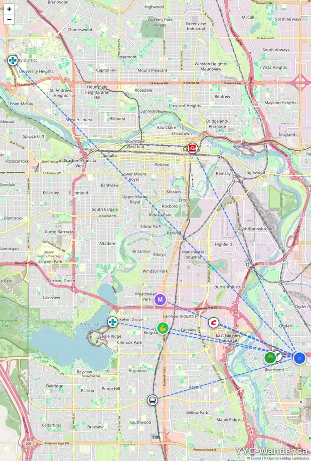 Daily accessibility map for 132 RIVERCREST CR SE, Calgary showing nearby schools, grocery stores, parks, LRT stations and nearby amenities