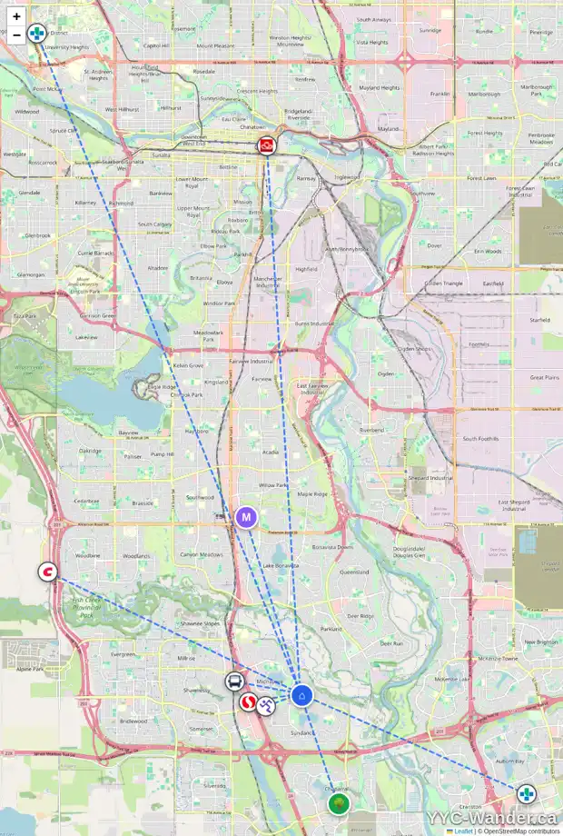 Daily accessibility map for 24 SUNMOUNT CL SE, Calgary showing nearby schools, grocery stores, parks, LRT stations and nearby amenities