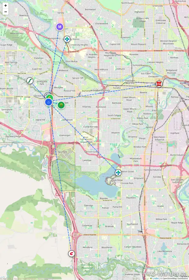 Daily accessibility map for 122 SIROCCO PL SW, Calgary showing nearby schools, grocery stores, parks, LRT stations and nearby amenities
