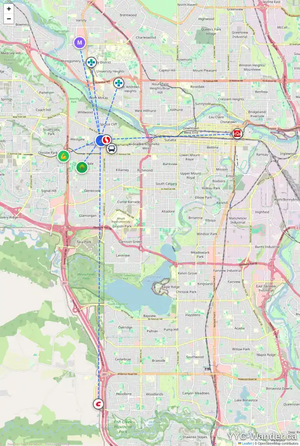Daily accessibility map for 942 39 ST SW, Calgary showing nearby schools, grocery stores, parks, LRT stations and nearby amenities