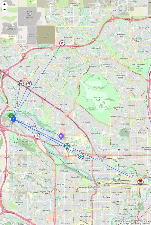 Daily accessibility map for 8927 48 AV NW, Calgary showing nearby schools, grocery stores, parks, LRT stations and nearby amenities