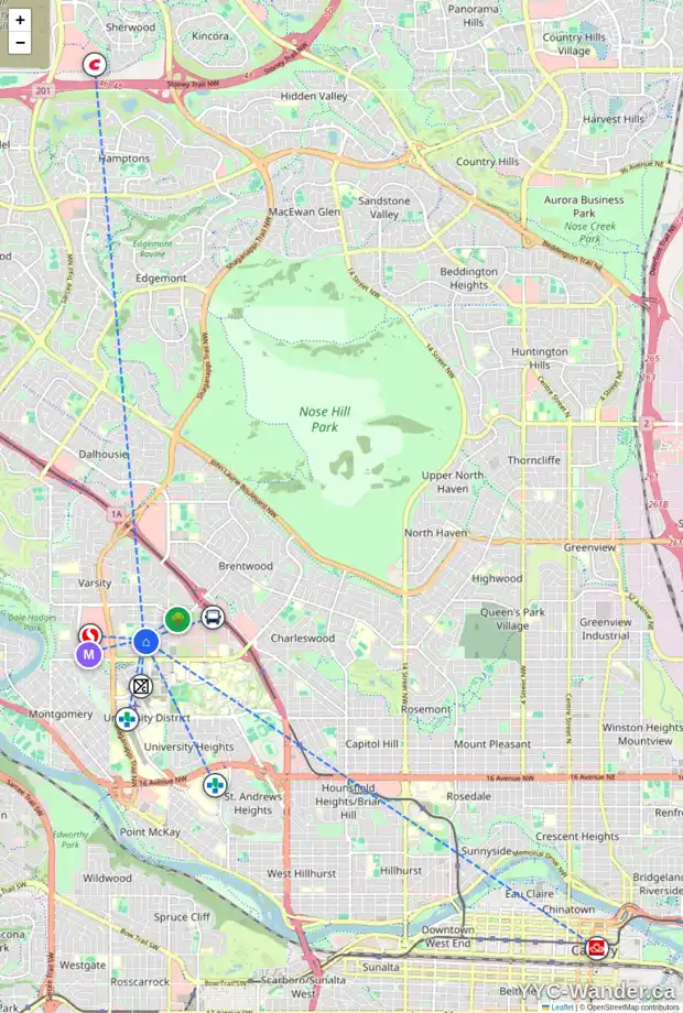 Daily accessibility map for 20 VARTOWN PL NW, Calgary showing nearby schools, grocery stores, parks, LRT stations and nearby amenities