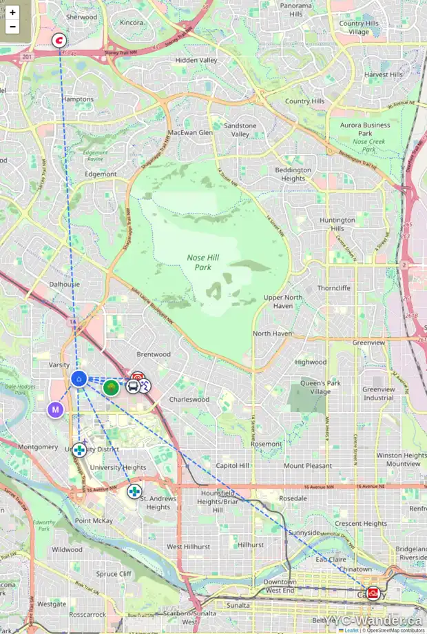 Daily accessibility map for 4210 40 AV NW, Calgary showing nearby schools, grocery stores, parks, LRT stations and nearby amenities