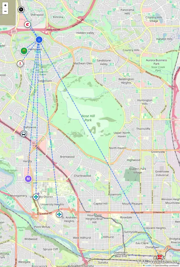 Daily accessibility map for 100 HAMPTONS DR NW, Calgary showing nearby schools, grocery stores, parks, LRT stations and nearby amenities