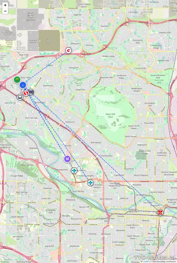 Daily accessibility map for 27 ARBOUR WOOD CL NW, Calgary showing nearby schools, grocery stores, parks, LRT stations and nearby amenities