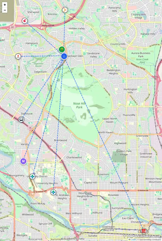 Daily accessibility map for 220 EDGEBROOK PA NW, Calgary showing nearby schools, grocery stores, parks, LRT stations and nearby amenities