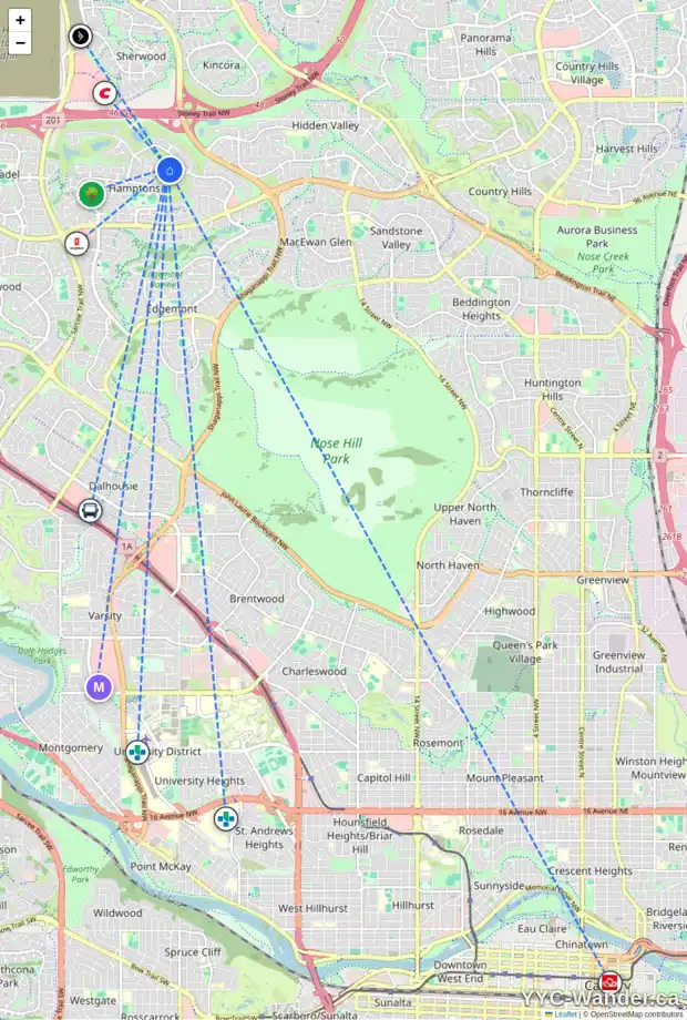 Daily accessibility map for 131 HAMPTONS TC NW, Calgary showing nearby schools, grocery stores, parks, LRT stations and nearby amenities