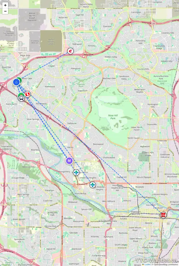 Daily accessibility map for 21 ARBOUR STONE RI NW, Calgary showing nearby schools, grocery stores, parks, LRT stations and nearby amenities