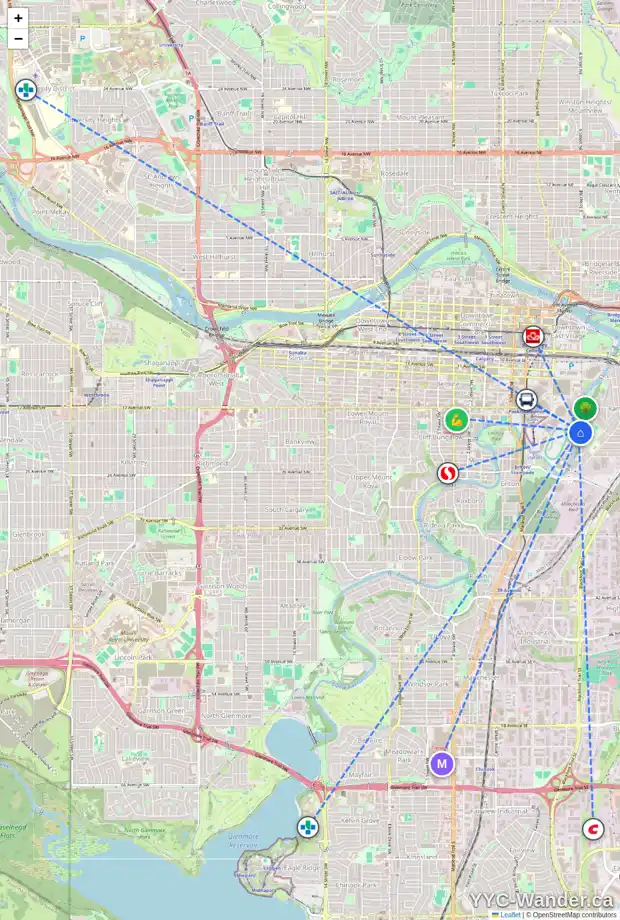 Daily accessibility map for 1919 6 ST SE, Calgary showing nearby schools, grocery stores, parks, LRT stations and nearby amenities