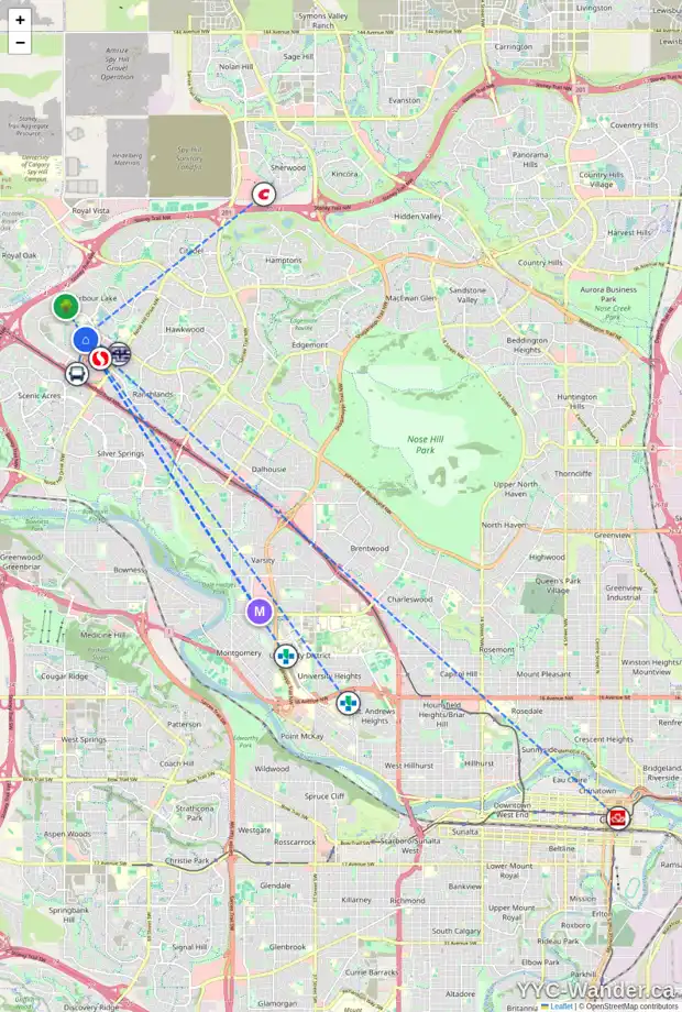Daily accessibility map for 156 ARBOUR WOOD CL NW, Calgary showing nearby schools, grocery stores, parks, LRT stations and nearby amenities