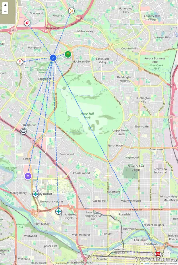 Daily accessibility map for 39 EDGERIDGE ME NW, Calgary showing nearby schools, grocery stores, parks, LRT stations and nearby amenities