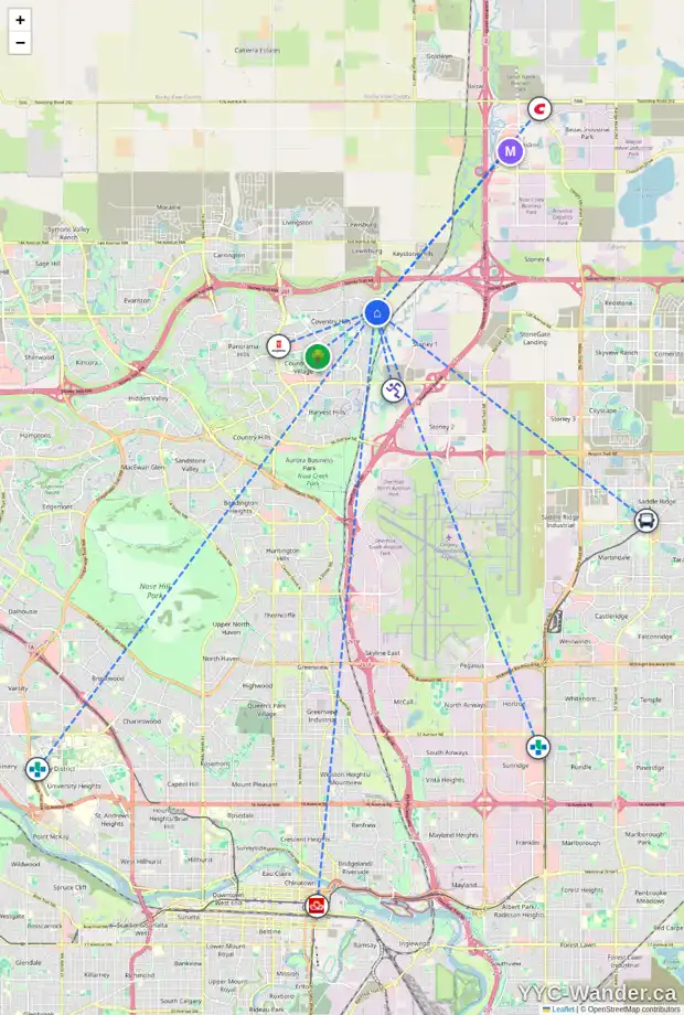 Daily accessibility map for 45 COVILLE CR NE, Calgary showing nearby schools, grocery stores, parks, LRT stations and nearby amenities